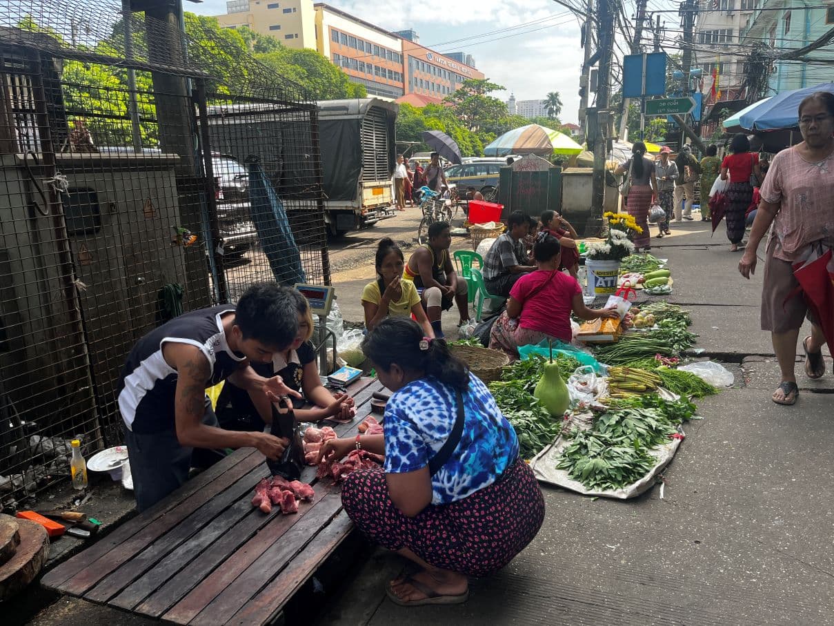 Kadulla istuvia ihmisiä, joiden ympärillä on maassa vihanneksia ja muita tuotteita, ohi kulkevia ihmisiä sekä taustalla kaupunkia rakennuksineen.
