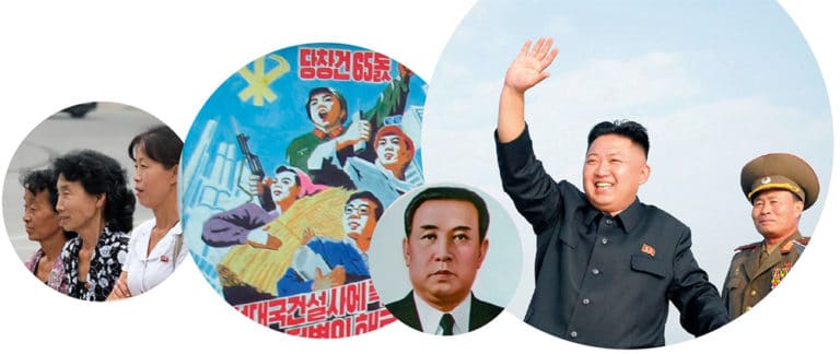 Pohjois-Korea-grafiikkaa, King Il-Sung ja Kim Il-Jong, propagandajuliste ja ihmisiä