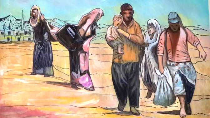 Maalaus ihmisistä lähtemässä kodeistaa pakolaisuuteen Lähi-idässä