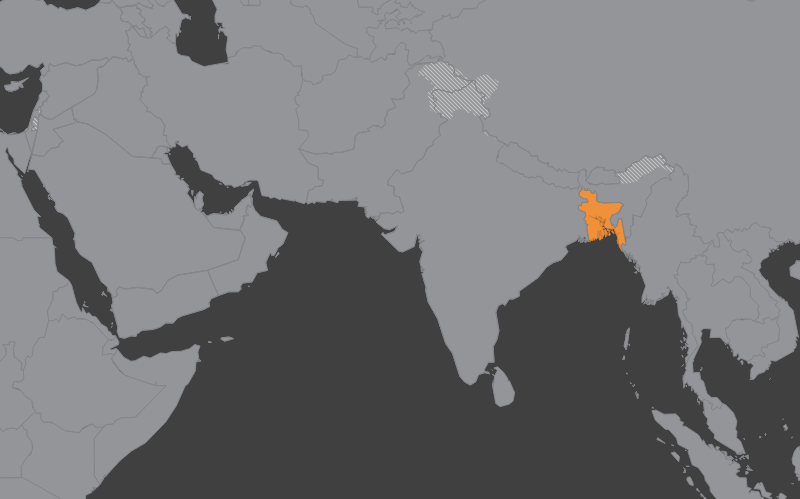 Laaja-alainen kartta, jossa näkyy bangladesh