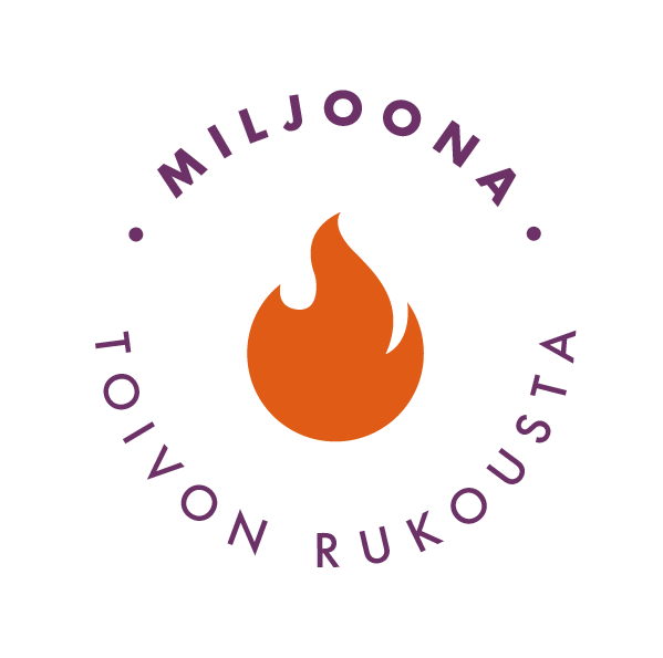 Miljoona Toivon Rukous -kampanjan logo, yksinkertaistettu liekki ympärikiertävän kampanjanimen keskellä