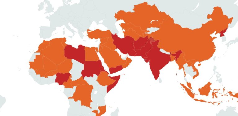 World Watch List -vainoraportin vuoden 2023 maat väritettyinä maailmankartalle