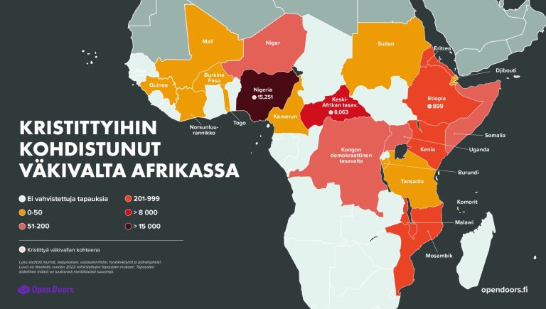 Kartta, jossa näkyy maittain Afrikassa kristittyihin kohdistuneiden väkivaltatapausten määrä