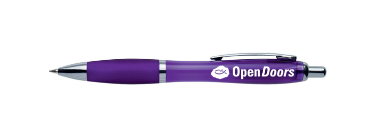 Violetin värinen mustekynä valkoisella Open Doors logolla
