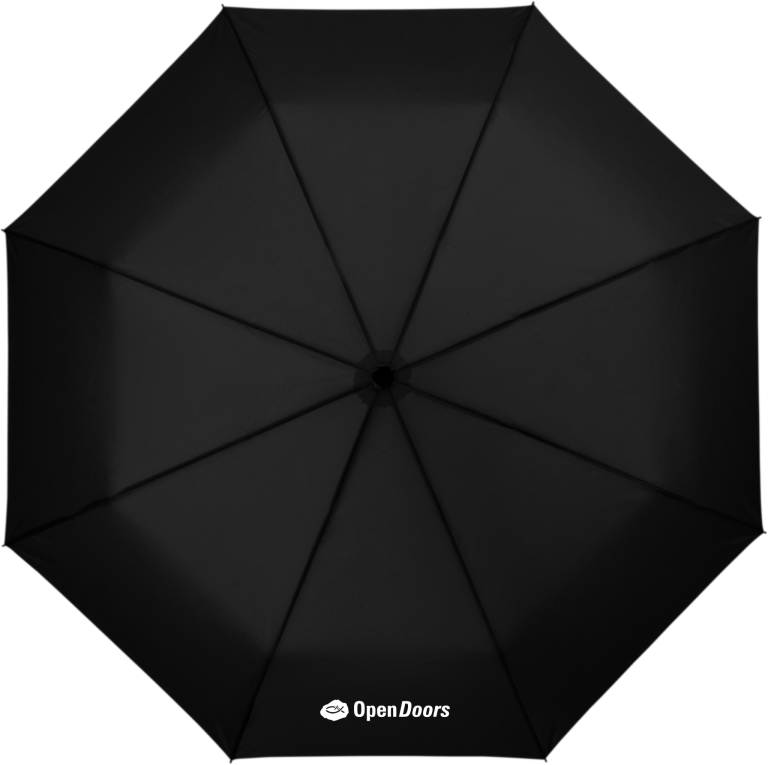 Musta sateenvarjo. reunassa valkoinen Open Doorin logo