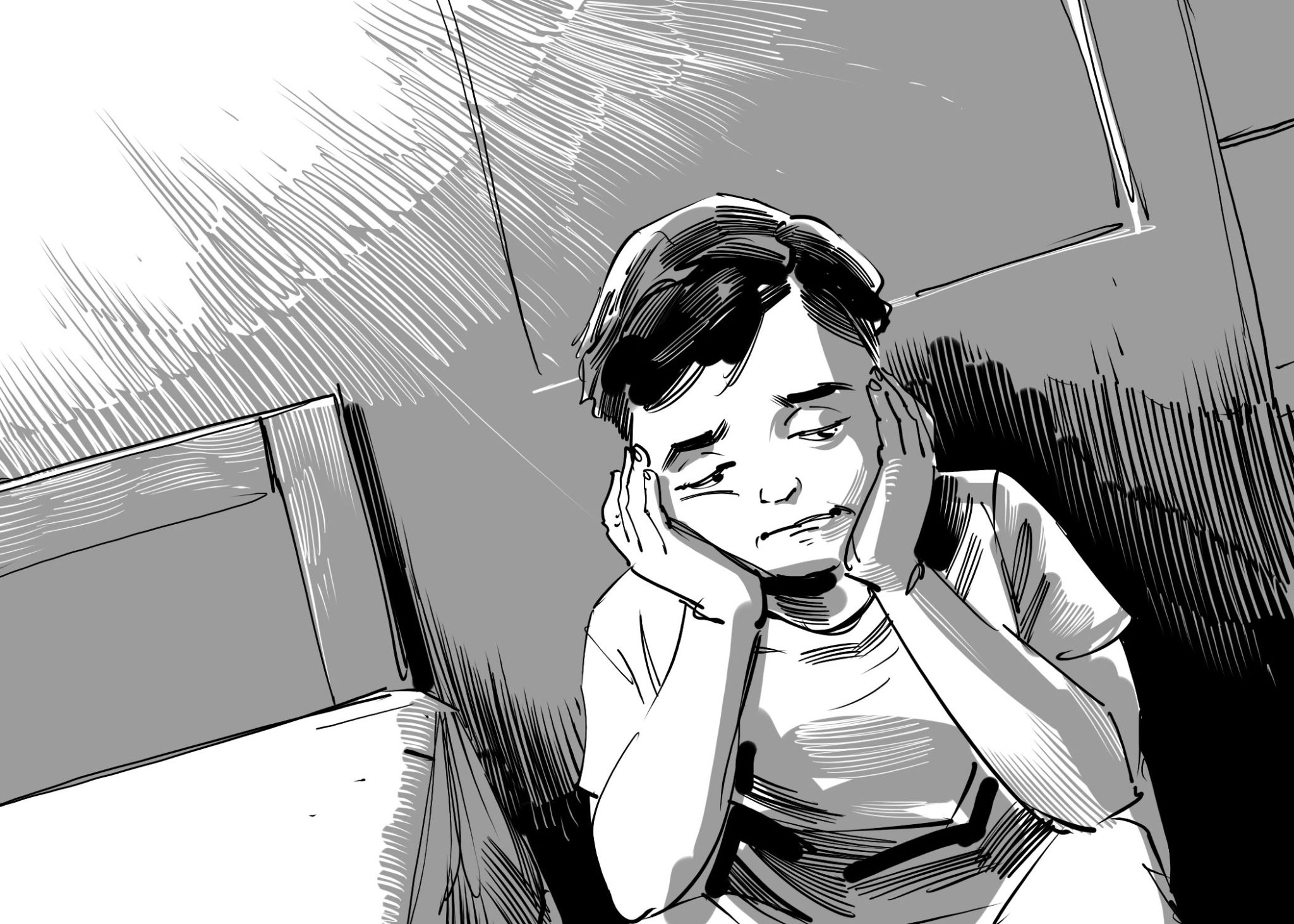 Mustavalkoinen piirroskuva pikkupojasta, joka istuu käsiinsä nojaten surullisena.