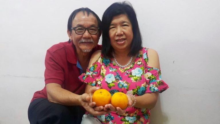 Keski-ikäinen pariskunta lähikuvassa appelsiinit käsissään