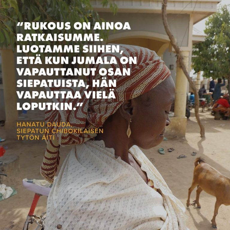 Toivo Chibokissa siepattujen tyttöjen vapautumisesta: Rukouspyyntö Saharan eteläpuolisesta Afrikasta Huhtikuun loppupuolella vapautettiin yksi Chibokin kaupungissa 10 vuotta sitten kidnapatuista tytöistä. Arviolta 106 tyttöä on yhä kateissa. Rukoillaan chibokilaisen äidin Hanatu Daudan kanssa. Rukoillaan, että lisää vankeja Saharan eteläpuolisessa Afrikassa vapautettaisiin ja yhdistettäisiin perheidensä kanssa. #rukous #vainotutkristityt #Nigeria #Chibok