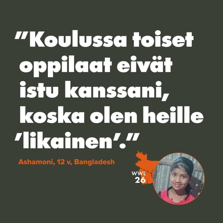 Somekuva bangladeshilaisen 12-vuotiaan Ashamonin sanoista: "Koulussa toiset oppilaat eivät istu kanssani, koska olen heille 'likainen'".