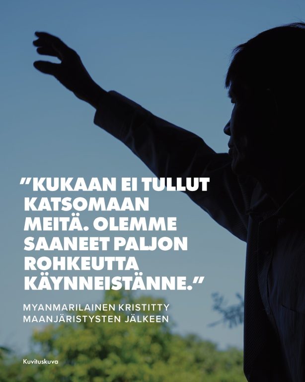 Kiitos avustanne: Myanmarin kristityt saavat toivoa ja tukea vaikeana aikana Vaikka Myanmarin kristityille on ollut vaikeaa toimittaa apua, Open Doorsin paikalliset kumppanit ovat pystyneet tavoittamaan maanjäristyksistä kärsineitä kristittyjä. Lahjoitustenne ja rukoustenne ansiosta kumppanimme ovat voineet vierailla alueilla, joita maanjäristykset ovat runnelleet. Siellä he ovat paitsi toimittaneet hätäapua myös rukoilleet, itkeneet, toivoneet ja olleet läsnä kristittyjen kanssa. Teidän ansiostanne perheemme Myanmarissa tietää, etteivät he ole yksin. Kiitos! #Myanmar #maanjäristys #VainotutKristityt #hätäapu #rukousaihe #kiitos #OpenDoors