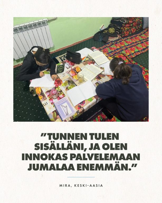 Mira löysi uuden intohimon Keski-Aasiassa Mira on kotiseurakunnan pastori Keski-Aasiassa. Hän osallistui äskettäin paikallisten kumppaniemme järjestämään johtamisseminaariin. Hän jakaa kiitollisuutensa kokemuksesta: "Kiitos Jumalalle ihmeestä, joka mahdollisti sen, että pystyin osallistumaan tähän seminaariin! En olisi uskonut sen olevan mahdollista, varsinkaan taloudellisen tilanteeni vuoksi, mutta viime hetkellä Herra avasi tien." "Tunnen itseni todella siunatuksi ja olen syvästi kiitollinen Jumalalle. Seminaari oli uskomattoman rikastuttava. Minulle yksi seminaarin kohokohdista olivat keskustelut muiden osallistujien kanssa. Tuntui siltä, että Pyhä Henki ohjasi meitä yhtenäisesti." "Tunnen uudistunutta intoa toimia. Kiitos Jumalalle tästä ajasta! Tunnen uuden tulen sisälläni ja haluan palvella enemmän, saavuttaa tavoitteemme ja kirkastaa Jumalaa." Rukoillaan sisaremme kanssa tänään. #KeskiAasia #Rukouspyyntö #rukousaihe #VainotutKristityt #kristinusko #OpenDoors
