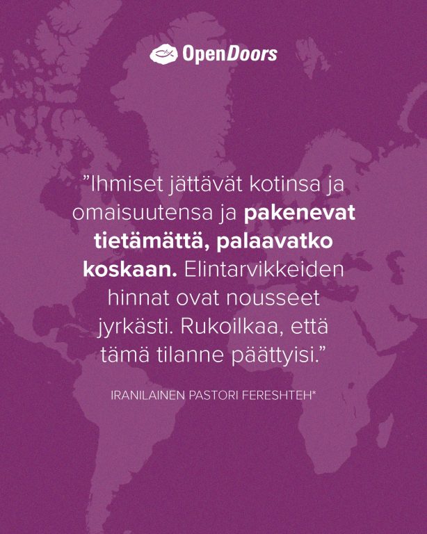 Rukoillaan rauhaa ja turvaa Iranin kristityille Viime päivien aikana sekä Iran että Israel ovat kärsineet merkittäviä tappioita kiihtyvässä konfliktissa. Iranissa Teheranin on vallannut paniikki: huoltoasemille on muodostunut pitkiä jonoja, ja liikenne on tukossa asukkaiden yrittäessä paeta pääkaupungista. Jatkuvat vihollisuudet ovat herättäneet huolta koko maassa ja lisänneet pelkoa laajemmasta epävakaudesta. Kriisin keskellä iranilaiset kristityt ja seurakunnanjohtajat eri puolilta maata ovat pyytäneet esirukousta. Rukoillaan tänään yhdessä iranilaisen pastori Fereshtehin* kanssa: ”Rukoilkaa, että tämä tuhoisa tilanne päättyisi. Ihmiset jättävät kotejaan ja pakenevat suurista kaupungeista. Elintarvikkeiden ja bensiinin hinnat ovat nousseet rajusti. Rukoilkaa, että pelosta ja erilaisista mielipiteistä huolimatta ihmiset pysyisivät yhtenäisinä ja tukisivat toisiaan.” #Iran #VainotutKristityt #rukouspyyntö #rukousaihe