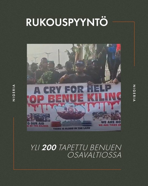 Väkivallan uhkaa Benuen osavaltiossa Pohjos-Nigeriassa Rukoillaan Pohjois-Nigeriassa sijaitsevan Benuen osavaltion puolesta! Kenttätiimimme raportoi, että ainakin 218 ihmistä on kuollut kuudessa tuhoisassa hyökkäyksessä, jotka kohdistuivat pääasiassa kristittyihin kyliin. Yli 6 000 ihmistä on joutunut jättämään kotinsa. Islamilaisten Fulani-militanttien epäillään olevan vastuussa kaikista kuudesta hyökkäyksestä, jotka ovat kohdistuneet miehiin, naisiin ja lapsiin. Tällaisia hyökkäyksiä tapahtuu lähes päivittäin Nigeriassa. Rukoillaan veljiemme ja sisariemme puolesta. Allekirjoita Nouse Afrikka -vetoomus: opendoors.fi/vetoomus #Nigeria #NouseAfrikka #VainotutKristityt #hyökkäykset #väkivalta #rukouspyyntö #rukousaihe #OpenDoors