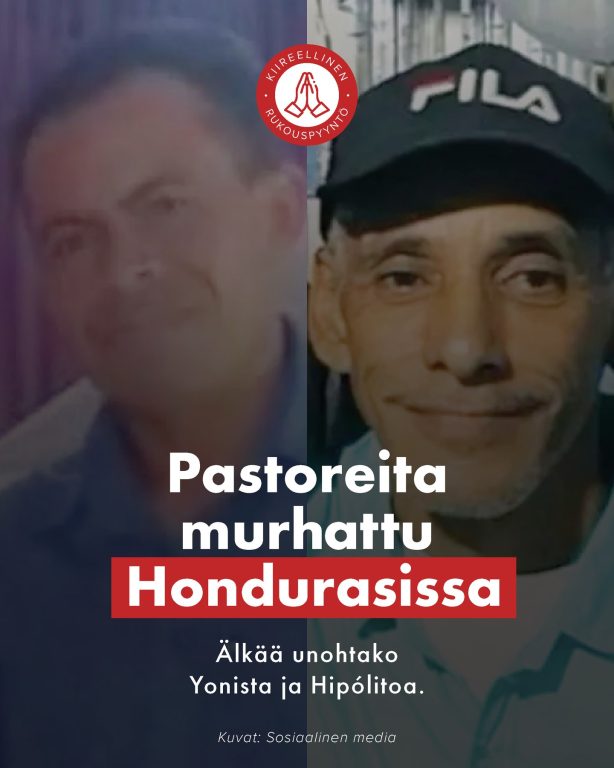 Rukoillaan Hondurasissa murhattujen pastoreiden perheiden puolesta Kenttätiimimme raportoi kahden pastorin väkivaltaisista murhista Hondurasissa vain muutaman päivän sisällä toisistaan. Tällä hetkellä rikosten motiivit ovat edelleen tuntemattomia. Siellä, missä nämä pastorit asuvat, seurakunnanjohtajat ovat usein myös yhteisön johtajia, ja heidät on tunnistettu kohteiksi nuorten parissa tehdyn työn vuoksi. Open Doors tutkii aktiivisesti molempia tapahtumia ja pyytää maailmanlaajuista seurakuntaa rukoilemaan murhattujen pastoreiden rakkaiden ja heidän seurakuntiensa puolesta. Rukoillaan pastori Yonis Zepedan (kuvassa vasemmalla) perheen ja seurakunnan puolesta. Yonis ammuttiin omassa kodissaan Cholutecassa. Hänet tunnettiin Kristukselle omistautuneena miehenä. Ja rukoillaan Hipólito Montes Orellanan (kuvassa oikealla) perheen puolesta. Myös hänet ammuttiin omassa kodissaan Yoron kunnassa. Hänen sanottiin olevan nöyrä ja lempeä mies, joka "luopui elämästään evankeliumin vuoksi". https://opendoors.fi/honduras #Honduras #VainotutKristityt #OpenDoors #rukouspyyntö #rukousaihe