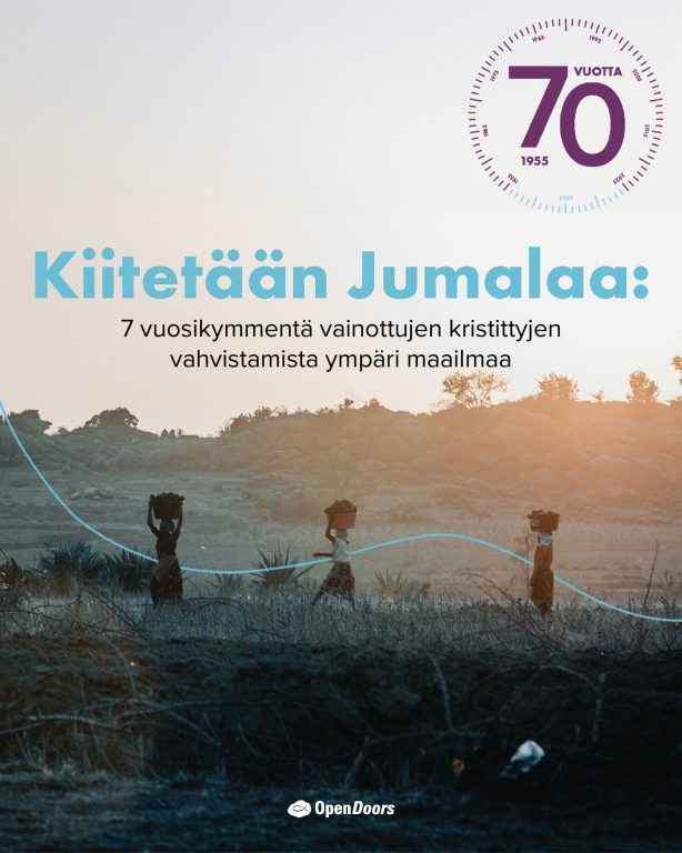 Kiitos Jumalalle ja ystävillemme: 70 vuotta vainottujen kristittyjen rinnalla 70 vuoden ajan Open Doors on kulkenut uskonsa vuoksi vainottujen rinnalla vahvistaen kristittyjä yli 70 maassa. Kiitämme Jumalaa ja teitä tuestanne ja rukouksistanne! #Kiitosaihe #OpenDoors