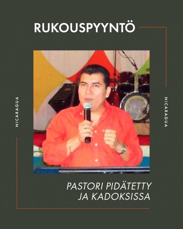 Pidätetty pastori on kateissa Nicaraguassa Rukoillaan pastori Rudy Palacios Vargasin puolesta, kun jännitteet Nicaraguassa yhä kiihtyvät. Pastori Palacios, hänen siskonsa Yesica, tämän mies ja neljä muuta pidätettiin koordinoiduissa ratsioissa. Pastori Palacios on syöpäpotilas. Tällä hetkellä hänen ja kuuden muun pidätetyn olinpaikka on tuntematon. Paikallinen kristitty yhteisö pyytää maailmanlaajuista seurakuntaa rukoilemaan heidän puolestaan: Rukoillaan voimaa kadonneiden perheille. Rukoillaan suojelusta uskonnollisille johtajille, joita valvotaan. Pyydetään, että Herra suojelee heidän askeleensa ja tekee heidät näkymättömiksi viholliselta. Rukoillaan voimaa ja viisautta seurakunnille, jotka vastustavat sortoa. Rukoillaan, että he saisivat Jumalalta strategioita evankeliumin julistamiseen vaikeissa olosuhteissa. Rukoillaan hallinnon muuttumista. Rukoillaan, että Herra koskettaa presidentti Ortegan, hänen lähipiirinsä ja kaikkien vallanpitäjien sydämiä, että he tulisivat tuntemaan Jeesuksen ja lopettaisivat Hänen seurakuntansa vainoamisen. #Nicaragua #VainotutKristityt #Rukouspyyntö #pidätykset #uskonnonvapaus #OpenDoors