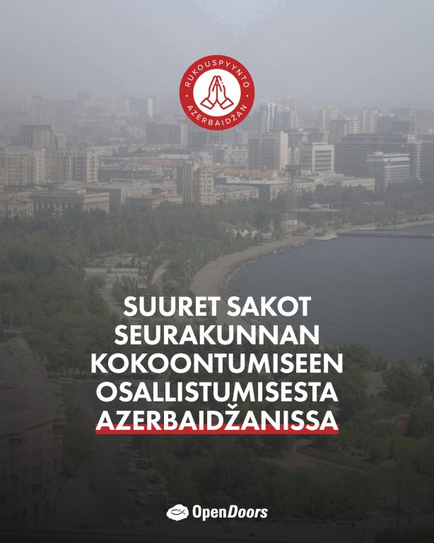 Sakkoja ja sortoa kristittyjä kohtaan Azerbaidžanissa Tuomioistuin on määrännyt suuret sakot kolmelle henkilölle vierailusta rekisteröidyssä Vineyard-seurakunnassa sekä kahdelle paikalliselle osallistumisesta jumalanpalvelukseen ilman valtion lupaa. Sakot vastaavat jopa kolmen kuukauden keskipalkkaa, joten viidellä sakotetulla tulee olemaan suuria vaikeuksia selvitä niistä. Tuomioistuin määräsi sakot myös korealaiselle perheelle, joka oli sallinut kokoontumisten järjestämisen kodissaan. Ilmeisesti heitä sakotettiin ja heidät karkotettiin maasta. Rukoillaan Azerbaidžanin seurakunnan puolesta. #Azerbaidzan #rukouspyyntö #VainotutKristityt #uskonnonvapaus #OpenDoors