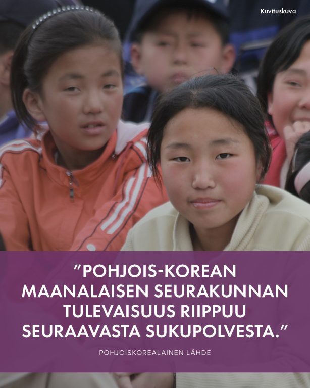 Pohjois-Korean nuorissa on maanalaisen seurakunnan tulevaisuus ja toivo Seuraava sukupolvi on elintärkeä maanalaisten seurakuntien selviytymiselle ja kasvulle Pohjois-Koreassa. Arvioiden mukaan heitä on 400 000. ”Maanalaisen seurakunnan tulevaisuus riippuu seuraavasta sukupolvesta”, kertoo Open Doors -tiimimme, joka johtaa rukous- ja tukityötä Pohjois-Korean kristittyjen puolesta. ”Tehtävämme kristittyinä on kasvattaa seuraavaa sukupolvea uskossa ja vahvistaa heitä.” Kun Pohjois-Korea näkyy uutisissa, muistetaan rukoilla maan nuorison puolesta: ”Jumala, rukoilemme Pohjois-Korean nuorten puolesta. Rukoilemme, että väärien toivon lähteiden, olivat ne sitten propagandaa tai taikauskoa, viehätys hälvenee ja että totuuden siemenet pääsevät juurtumaan. Rukoilemme sitä päivää, jolloin seuraava pohjoiskorealainen sukupolvi ei enää elä pelossa vaan on vapaa etsimään totuutta, unelmoimaan ja avoimesti palvelemaan Jumalaa." #PohjoisKorea #rukouspyyntö #nuoret #VainotutKristityt
