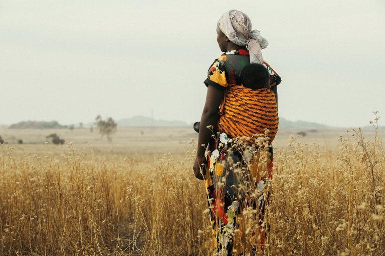 web Rifkatu Nigeriasta seisoo viljapellon laidalla lapsi kantorepussa