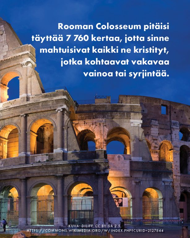 Kristittyjen vainon ongelmaa on vaikea sivuuttaa — ja vaikea jopa käsittää. Yksi tapa hahmottaa yli 388 000 000 vainotun kristityn määrää maailmassa tänään on tämä: Rooman Colosseum on yksi maailman tunnetuimmista rakennuksista, johon mahtui aikanaan arviolta yli 50 000 ihmistä. Se pitäisi täyttää 7 760 kertaa, jotta kaikki vainotut kristityt mahtuisivat sinne Jaa tätä postausta ja herätä samalla ihmisiä ymmärtämään kristittyjen vainon valtavuutta! #wwl26 #KristittyjenVainot #uskonnonvapaus #ihmisoikeudet