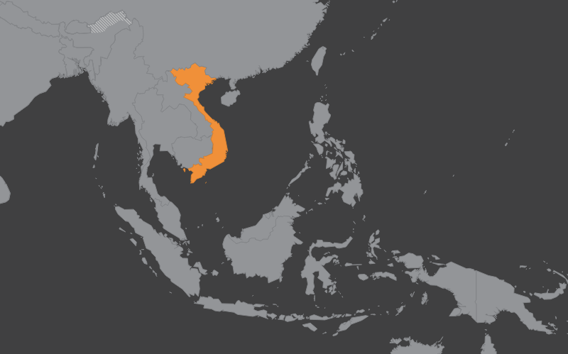 Laaja-alainen kartta, jossa näkyy vietnam